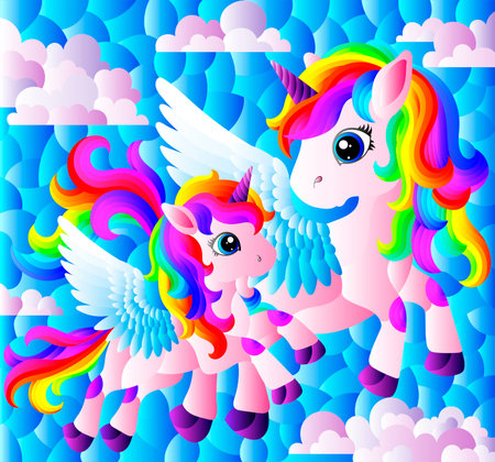 A stained glass illustration with a cute cartoon unicorns on a cloudy sky backgroundのイラスト素材