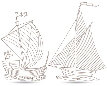 A set of contour illustrations of stained glass Windows with old sailing ships, dark contours on a white backgroundのイラスト素材