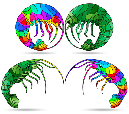 Set of illustrations in stained glass style with isolated elements, shrimp isolated on a white backgroundのイラスト素材