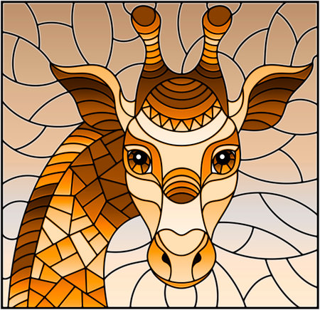 Illustration in the style of stained glass with abstract giraffe head, rectangular image, tone brownのイラスト素材