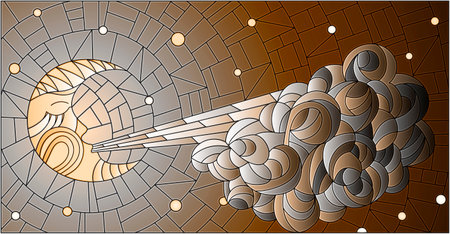 A stained glass illustration with a moon and a cloud on the background of a starry night sky, tone brownのイラスト素材
