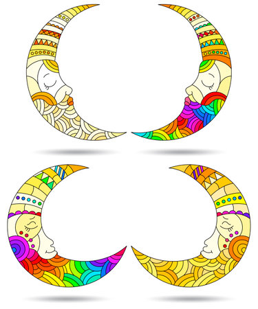 A set of stained-glass illustrations with moons with faces, on a white background isolatesのイラスト素材