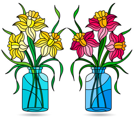 A set of stained glass illustrations with still lives, vases with flowers isolated on a white backgroundのイラスト素材