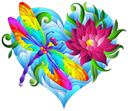 An illustration in the style of a stained glass window with a bright dragonfly, lotus flower and heart isolated on a white backgroundのイラスト素材