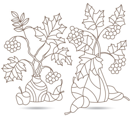 Set contour illustrations of stained glass with autumn still life, tree branches in vases and fruit, dark outlines on a white backgroundのイラスト素材