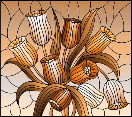 Illustration in stained glass style a bouquet of Tulips, tone brownのイラスト素材