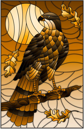Illustration in stained glass style with fabulous Falcon sitting on a tree branch against the sky, tone brownのイラスト素材