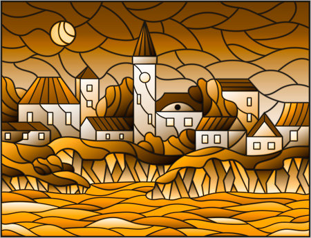 Illustration in stained glass style with river and city on the background of the daytime sky and the sun, tone brownのイラスト素材