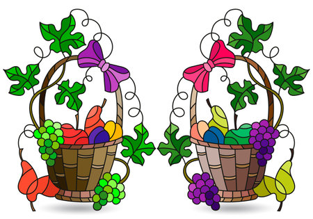 A set of stained glass illustrations with still lives, fruit baskets isolated on a white backgroundのイラスト素材