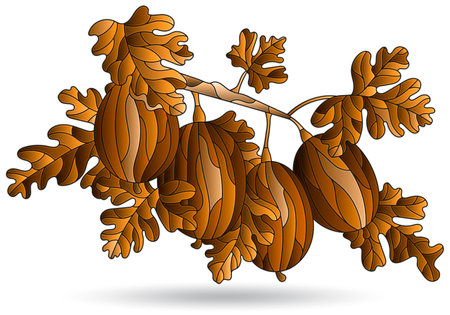 Illustrations in the style of stained glass with gooseberry branch, isolated on a white background, tone brownのイラスト素材