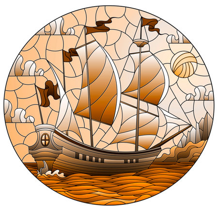 Illustration in stained glass style with an old ship sailing with purple sails against the sea and cloudy sky,tone brownのイラスト素材