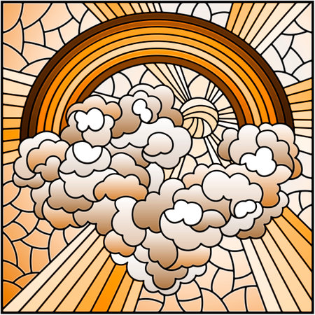 Illustration in stained glass style with celestial landscape, sun and clouds on rainbow background,square image, tone brownのイラスト素材