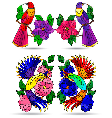 A set of illustrations in the style of stained glass with bright birds on the branches of flowering plants, animals isolated on a white backgroundのイラスト素材