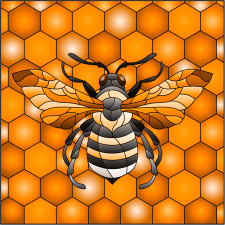 Illustration in the style of a stained glass window with an abstract bee, an animal on a honeycombs background, rectangular image, tone brownのイラスト素材