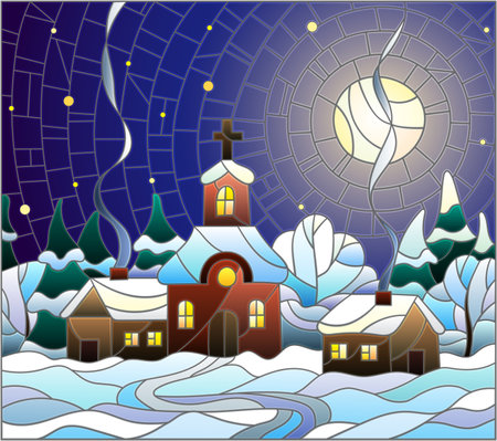 Winter landscape in stained-glass style Church and village houses on the background of snow, sky and sunのイラスト素材