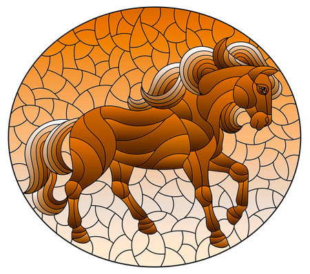 Illustration in the style of stained glass with abstract horse on a sky background, oval image,tone brownのイラスト素材