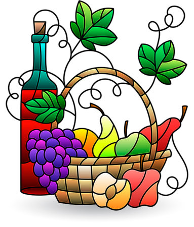 Stained glass illustration with still life, fruit basket isolated on a white backgroundのイラスト素材
