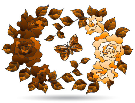 Illustration in the style of a stained glass window with a flower wreath and a butterfly, isolated on a white background, tone brownのイラスト素材