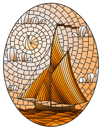 Illustration in stained glass style with an old ship sailing against the sea, oval image, tone brownのイラスト素材