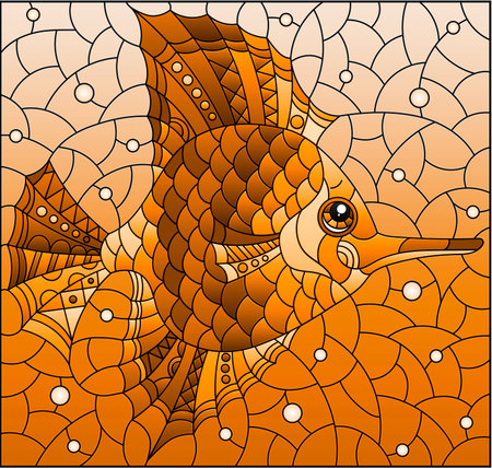 Illustration in the style of a stained glass window with a fish scalar on a background of water, rectangular image, tone brownのイラスト素材