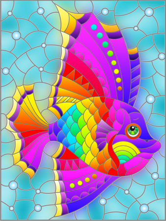 Illustration in the style of a stained glass window with a bright rainbow fish scalar on a background of blue water, rectangular imageのイラスト素材