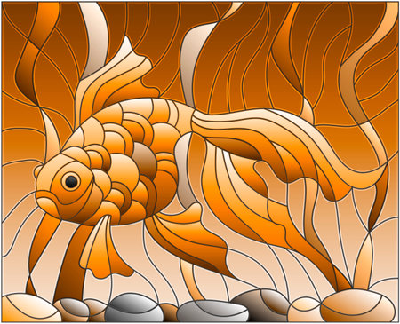 Illustration in stained glass style with gold fish on the background of water and algae, tone brownのイラスト素材