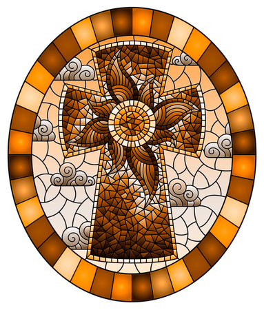 Illustration in stained glass style with a Christian cross with flower on a background of sky and clouds, oval image in frame, tone brownのイラスト素材