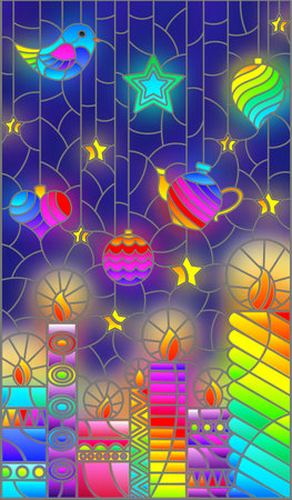 An illustration in the style of a stained glass window on the theme of New year and Christmas with bright curly candles and Christmas tree toys on a blue backgroundのイラスト素材