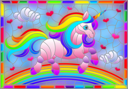 Stained glass illustration with winged bright rainbow cartoon unicorn against a cloudy blue sky and rainbow, in bright frameのイラスト素材