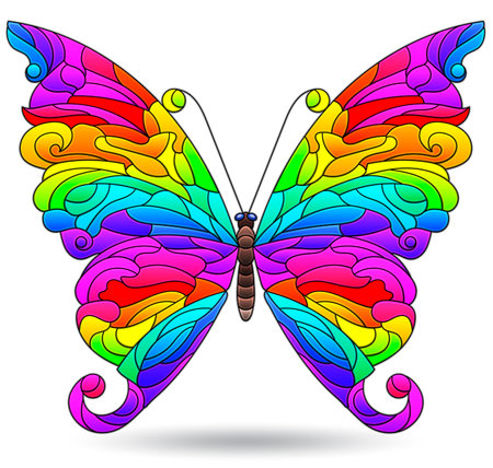 Illustration in a stained glass style with bright butterfly, insect isolated on a white backgroundのイラスト素材