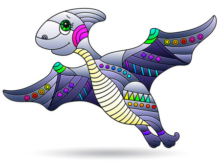 Illustration in the style of stained glass with bright dinosaur, animal isolated on a white backgroundのイラスト素材