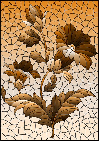 Illustration in stained glass style with flowers, rectangular image, tone brownのイラスト素材