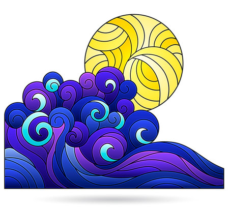 Illustration in the style of stained glass with seascape, isolated on a white backgroundのイラスト素材