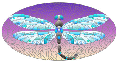 An illustration in the style of a stained glass window with a bright dragonfly on a blue wavy backgroundのイラスト素材