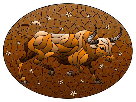 Illustration in stained glass style with an abstract bull on the background of the night sky and stars, oval image, tone brownのイラスト素材