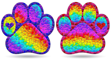 A set of stained glass illustrations with bright cat paws isolated on a white backgroundのイラスト素材