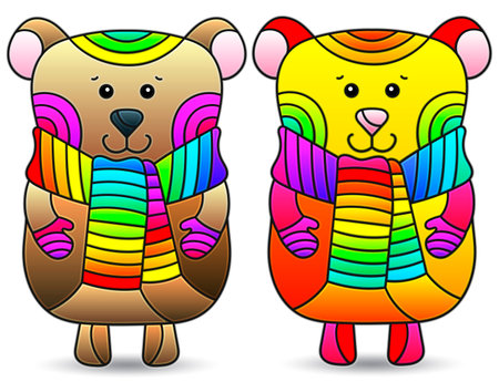 A set of stained glass illustrations on the theme of Christmas and New Year with cute toy bearsのイラスト素材
