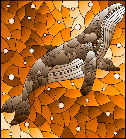 An illustration in the style of a stained glass window with an abstract cat on a background of water and air bubbles, tone brownのイラスト素材