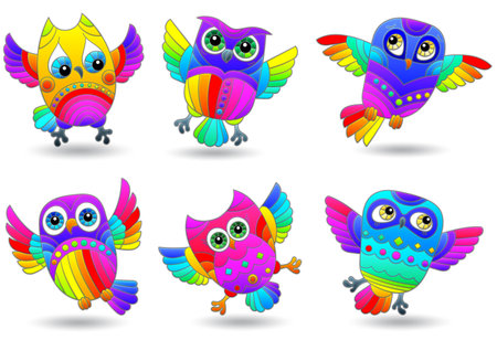 A set of illustrations in the style of stained glass with bright cartoon owls, animals isolated on a white backgroundのイラスト素材