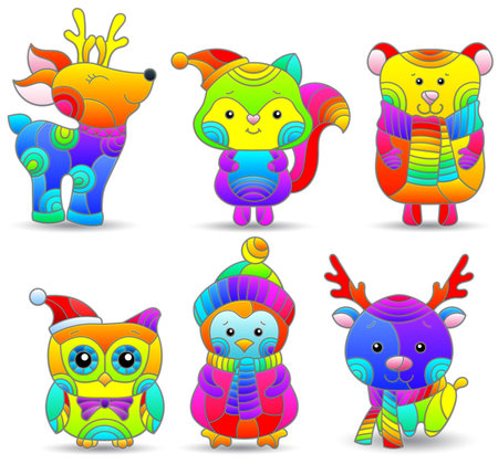 A set of stained glass illustrations on the theme of Christmas and New Year with cute toy animalsのイラスト素材
