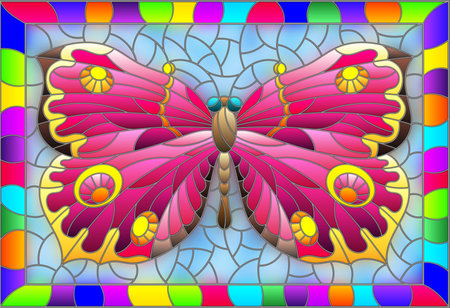 Illustration in stained glass style with a bright pink butterfly on a blue background in a bright frame, rectangular imageのイラスト素材
