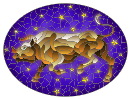 Illustration in stained glass style with an abstract bull on the background of the night sky and stars, oval imageのイラスト素材