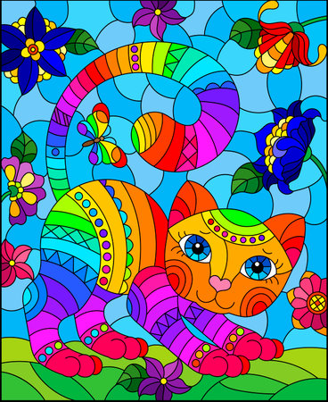 Stained glass illustration with a cute cartoon cat on a background of flowers, fields and skyのイラスト素材