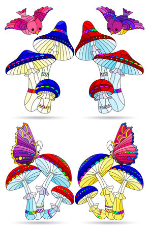 Set of illustrations in the style of stained glass with mushroom compositions and butterflies, mushrooms isolated on a white backgroundのイラスト素材