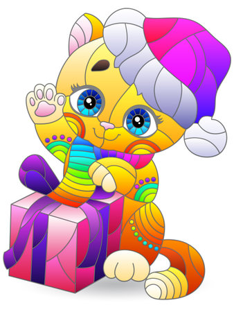 Set of stained glass illustrations with cute cats, Christmas themeのイラスト素材