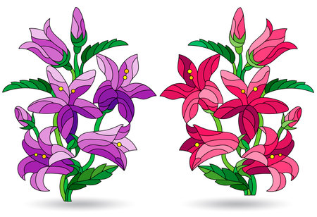 A set of stained glass illustrations with abstract flowers, compositions on a white backgroundのイラスト素材