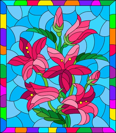 An illustration in the style of a stained glass window with a composition of flowers on a blue background in a frameのイラスト素材