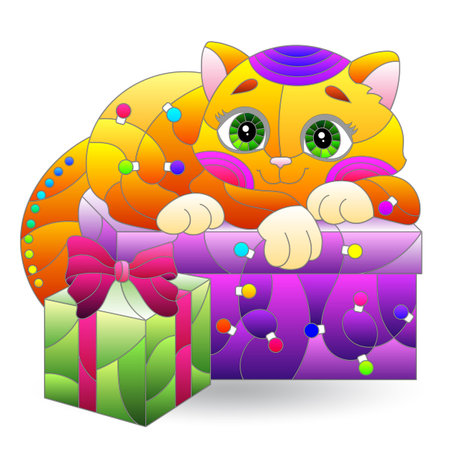 Set of stained glass window style illustrations with cartoon cute cat on the background of the cloudy starry sky and forestのイラスト素材