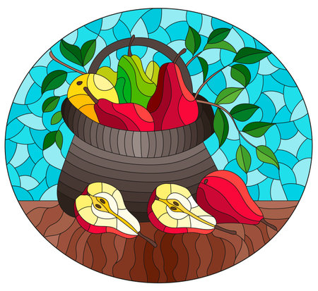 An illustration in the style of a stained glass window with a still life, a basket with pears on a table on a blue backgroundのイラスト素材