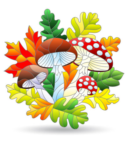 A set of stained glass illustrations with a mushroom composition, isolated on a white backgroundのイラスト素材